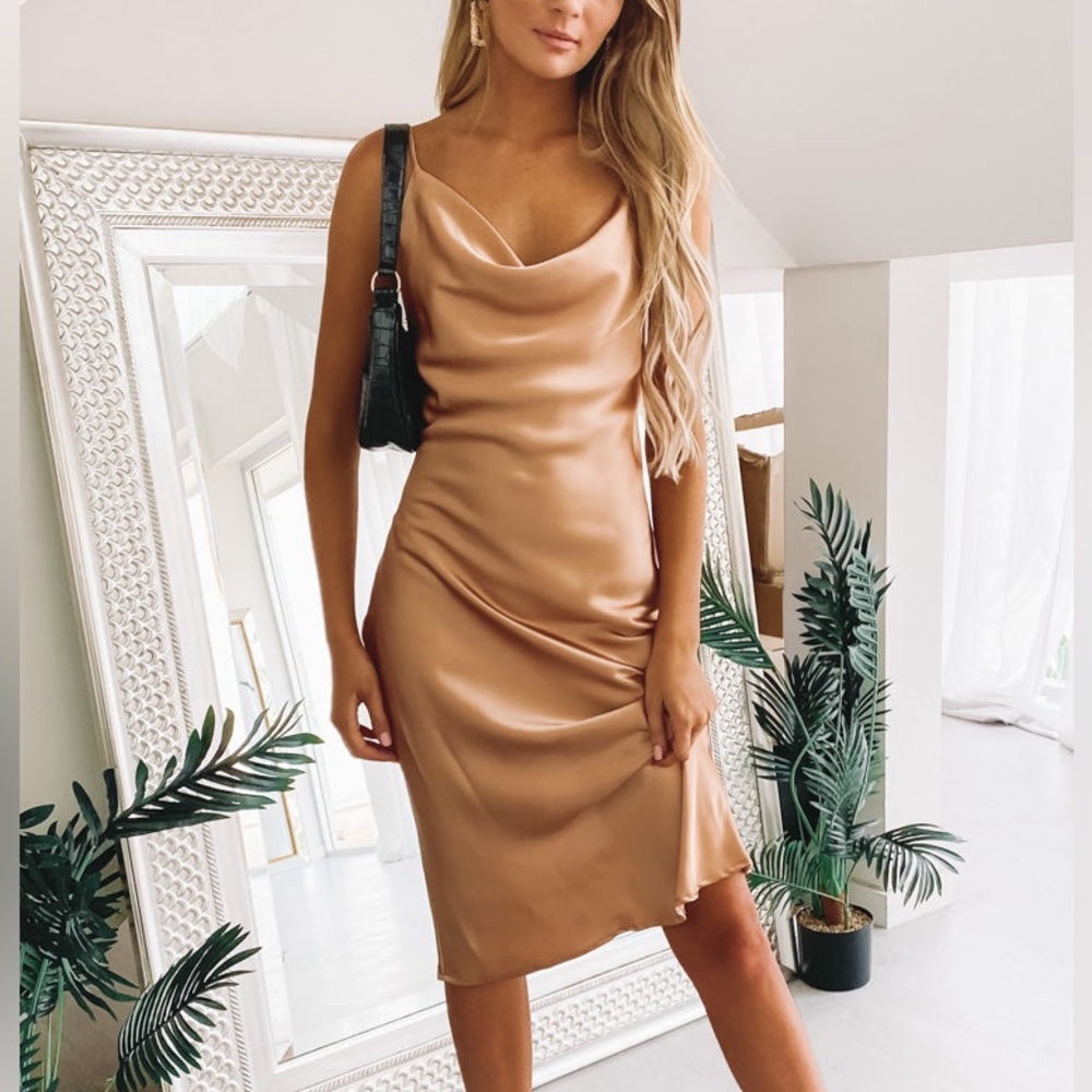 Beginning boutique schiffer slip midi dress in champagne